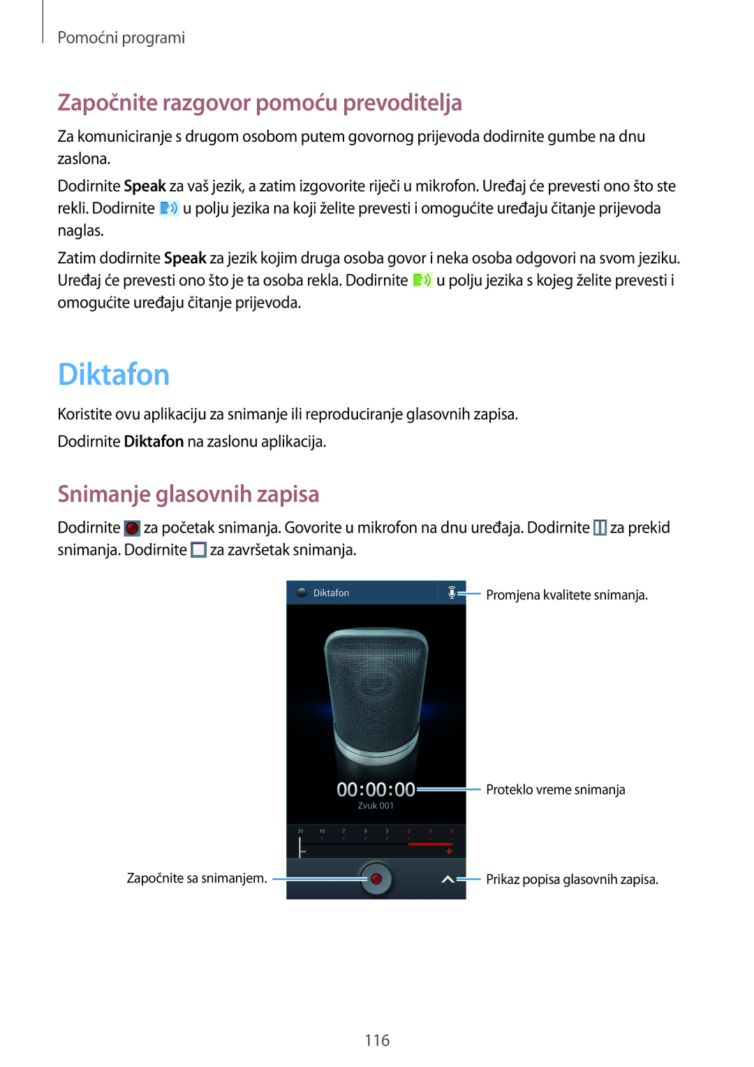 Samsung GT-I9506DKYCRO manual Diktafon, Započnite razgovor pomoću prevoditelja, Snimanje glasovnih zapisa 