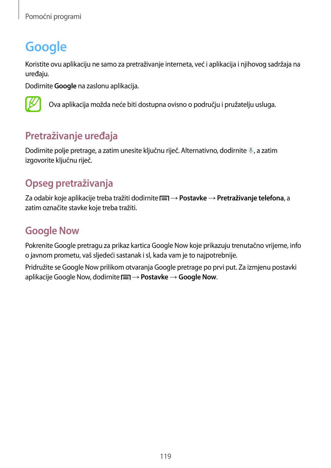 Samsung GT-I9506DKYCRO manual Pretraživanje uređaja, Opseg pretraživanja, Google Now 