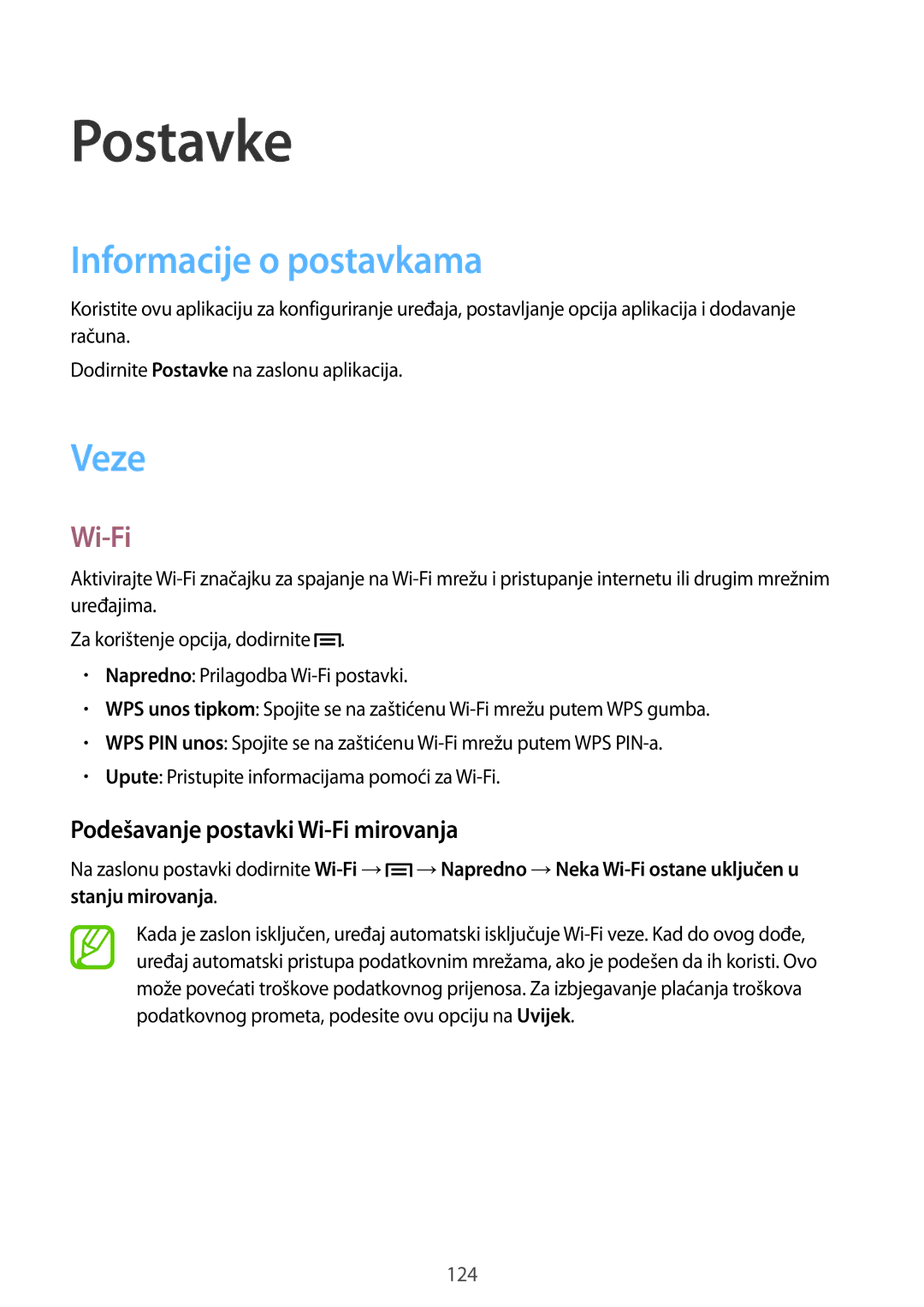 Samsung GT-I9506DKYCRO manual Informacije o postavkama, Veze, Podešavanje postavki Wi-Fi mirovanja 