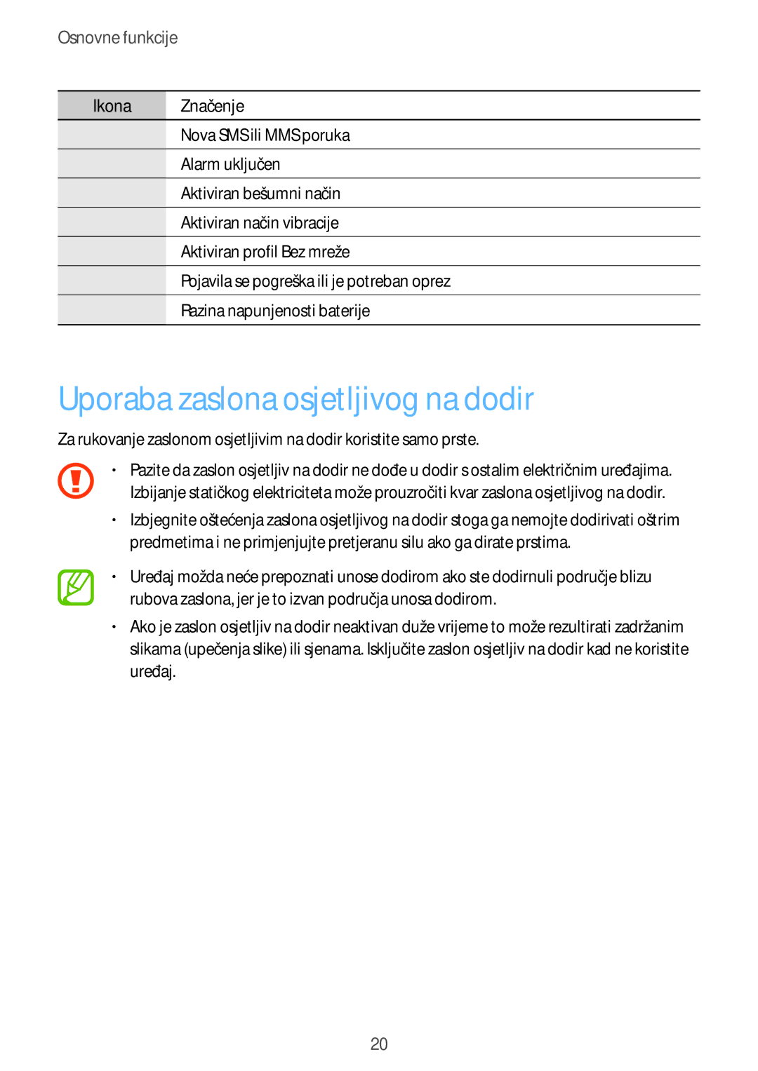 Samsung GT-I9506DKYCRO manual Uporaba zaslona osjetljivog na dodir, Osnovne funkcije 