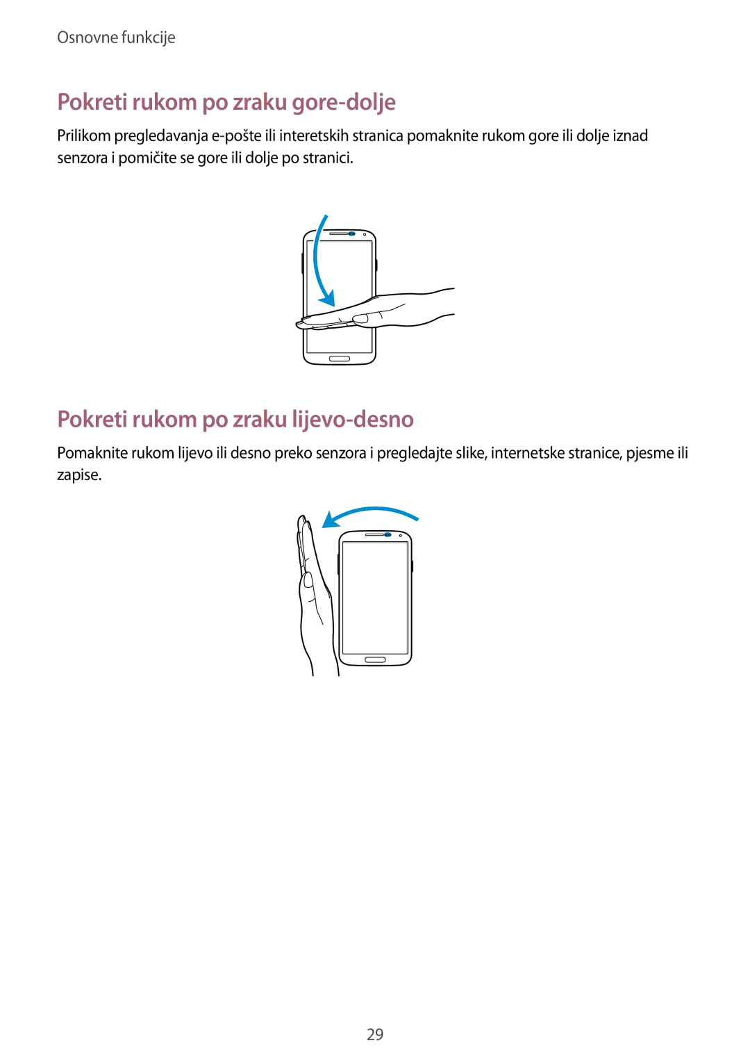 Samsung GT-I9506DKYCRO manual Pokreti rukom po zraku gore-dolje, Pokreti rukom po zraku lijevo-desno 