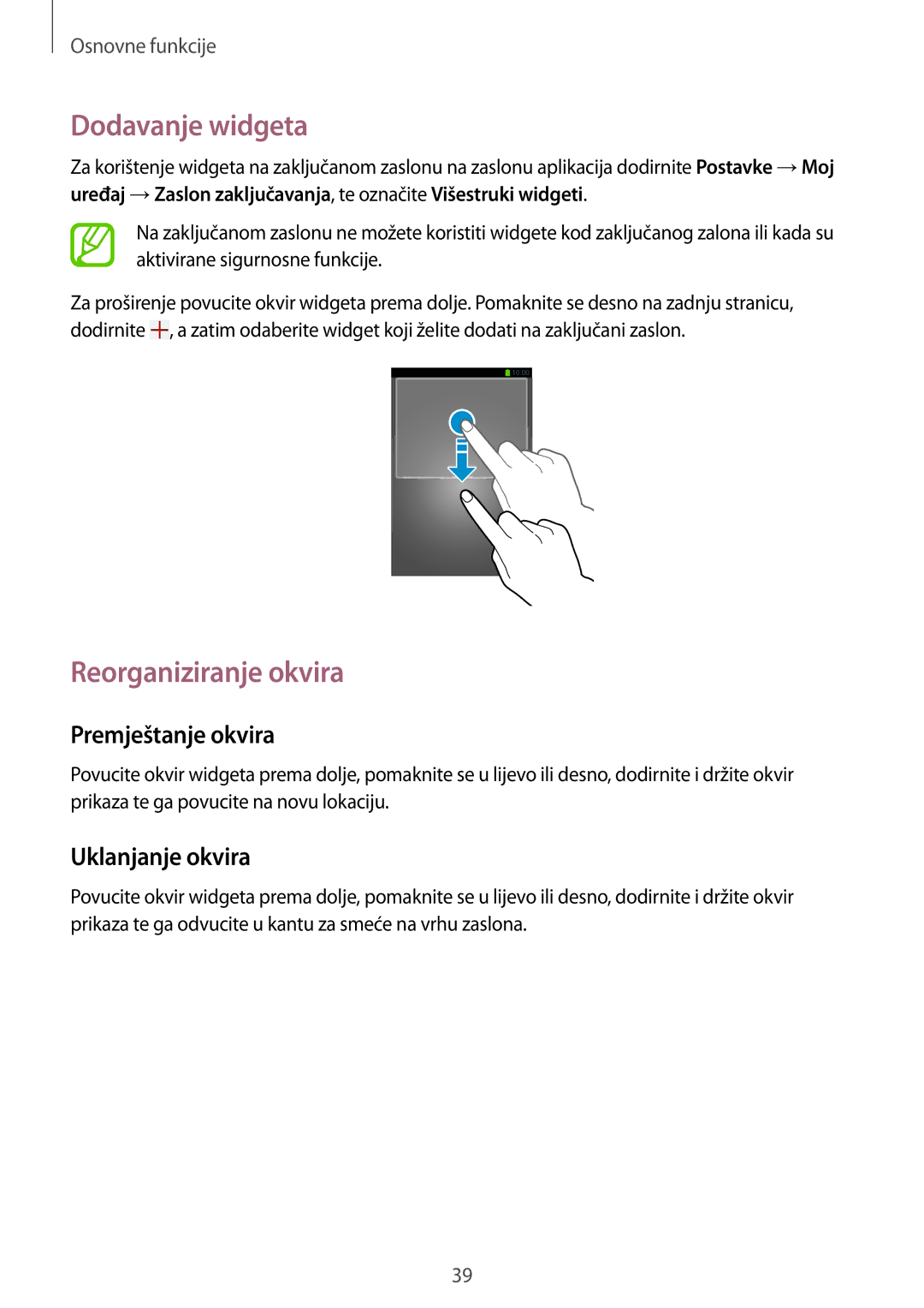 Samsung GT-I9506DKYCRO manual Dodavanje widgeta, Reorganiziranje okvira 