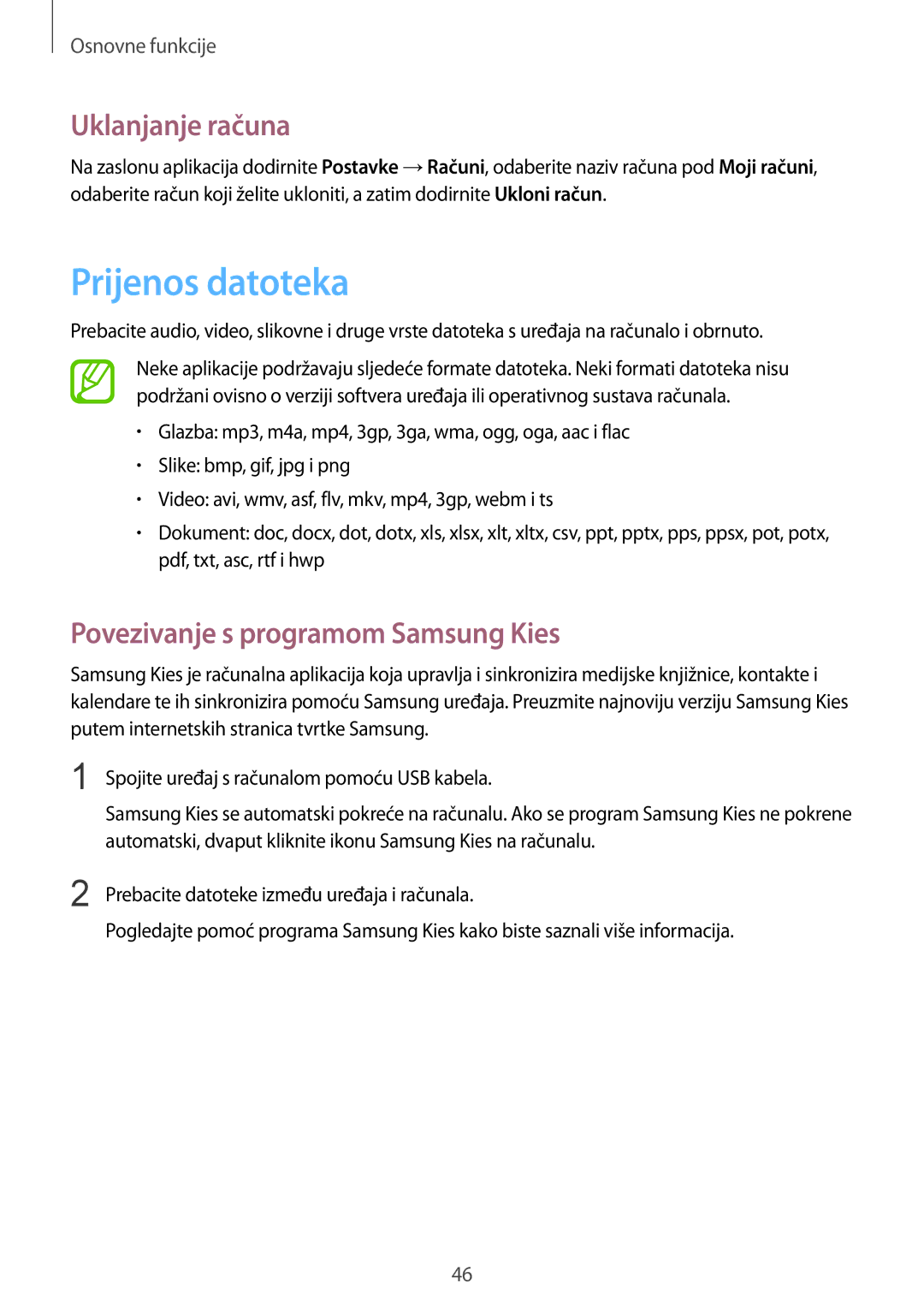 Samsung GT-I9506DKYCRO manual Prijenos datoteka, Uklanjanje računa, Povezivanje s programom Samsung Kies 