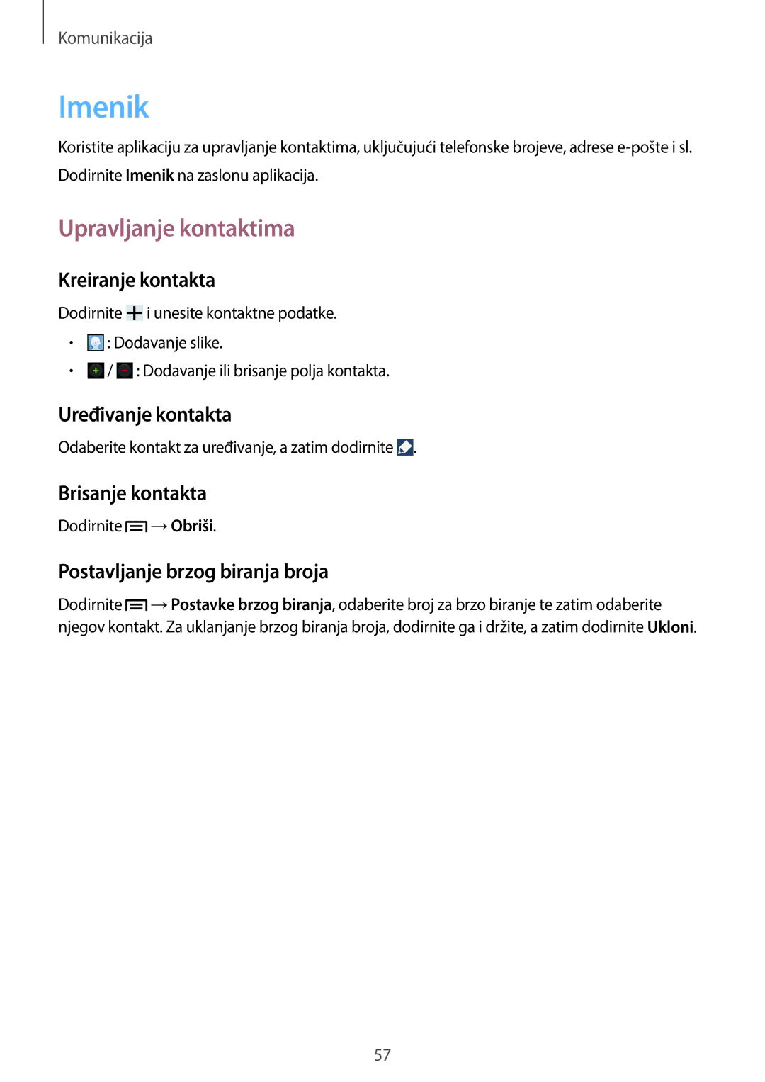 Samsung GT-I9506DKYCRO manual Imenik, Upravljanje kontaktima 