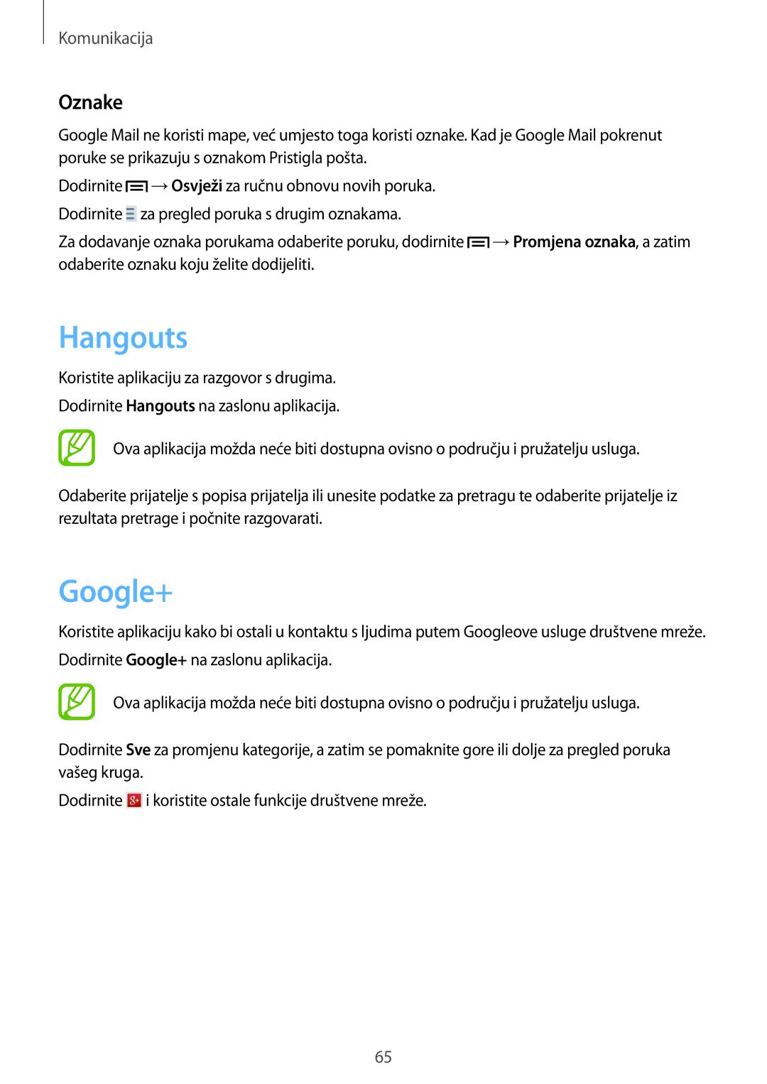 Samsung GT-I9506DKYCRO manual Hangouts, Google+, Oznake 