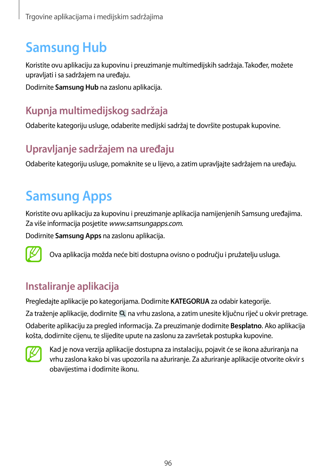 Samsung GT-I9506DKYCRO manual Samsung Hub, Samsung Apps, Kupnja multimedijskog sadržaja, Upravljanje sadržajem na uređaju 