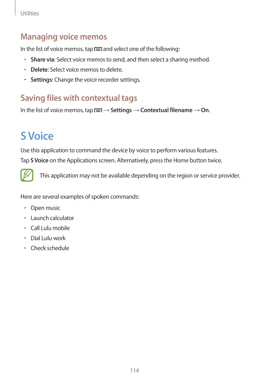 Samsung GT-I9506ZWAVAU, GT-I9506DKYCYV, GT-I9506DKYDTM manual Voice, Managing voice memos, Saving files with contextual tags 