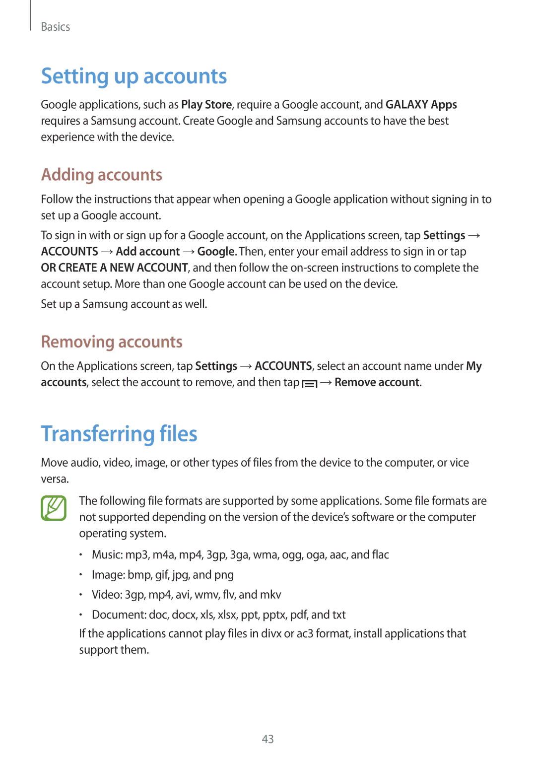 Samsung GT-I9506ZWACYV, GT-I9506DKYCYV manual Setting up accounts, Transferring files, Adding accounts, Removing accounts 