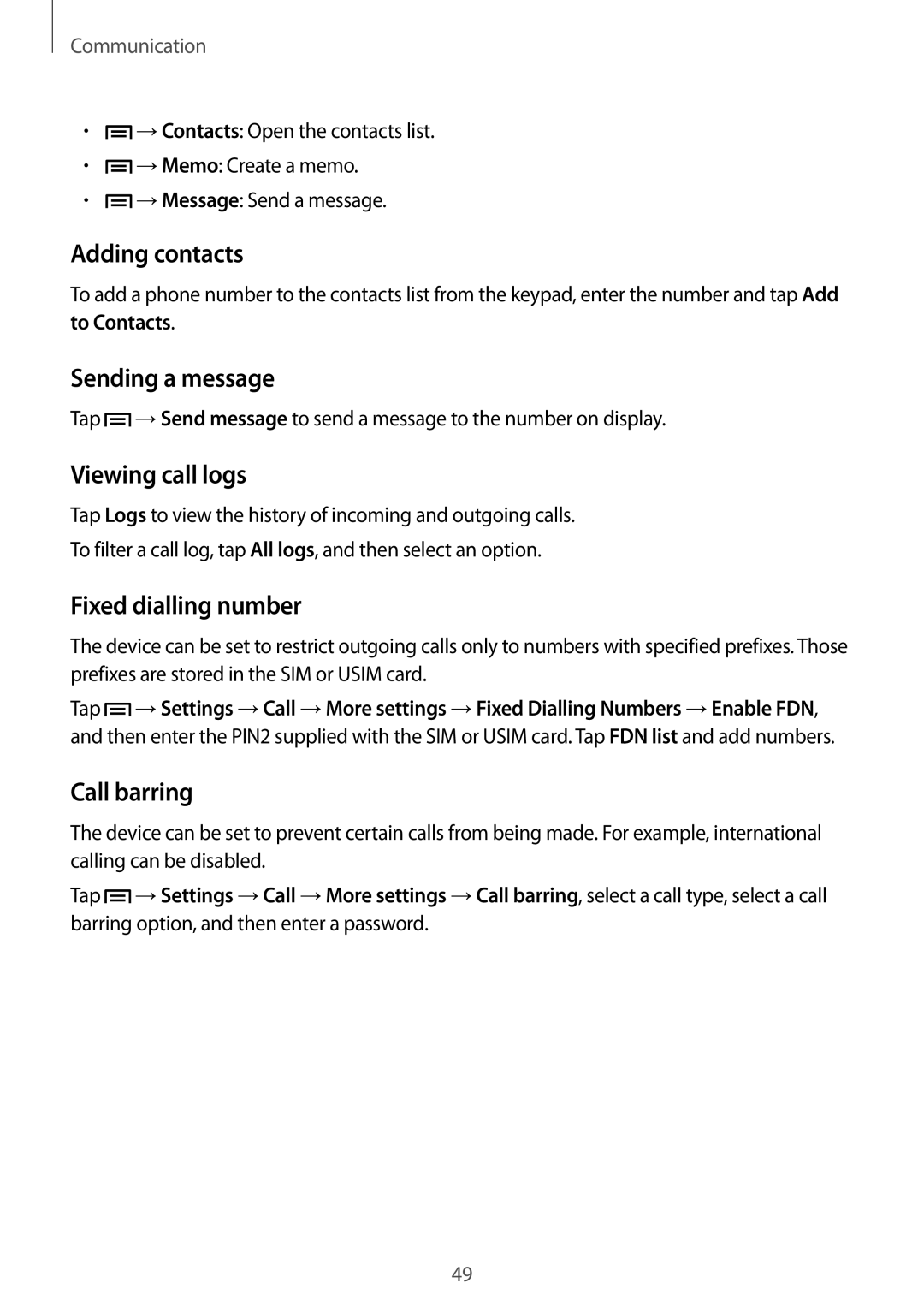 Samsung GT-I9506ZKACYV manual Adding contacts, Sending a message, Viewing call logs, Fixed dialling number, Call barring 