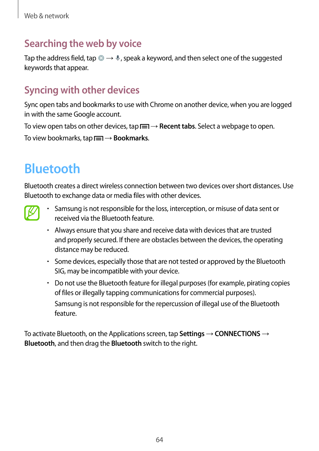 Samsung GT-I9506DKYATL, GT-I9506DKYCYV, GT-I9506DKYDTM, GT-I9506ZPADTM, GT-I9506ZKACYV Bluetooth, Syncing with other devices 