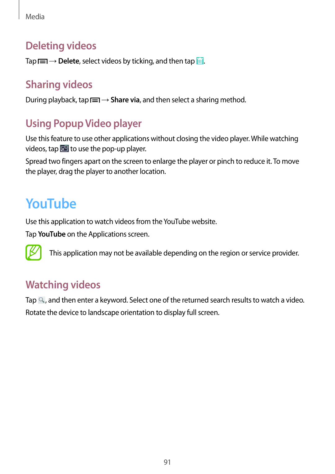 Samsung GT-I9506ZWAEUR, GT-I9506DKYCYV YouTube, Deleting videos, Sharing videos, Using Popup Video player, Watching videos 