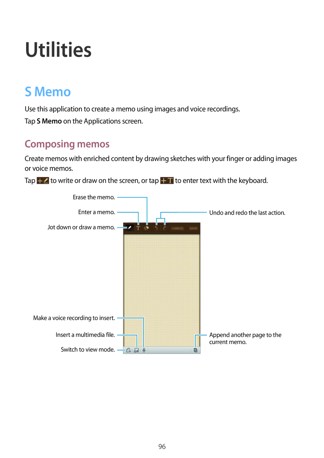 Samsung GT-I9506ZKAVD2, GT-I9506DKYCYV, GT-I9506DKYDTM, GT-I9506ZPADTM, GT-I9506ZKACYV manual Utilities, Memo, Composing memos 
