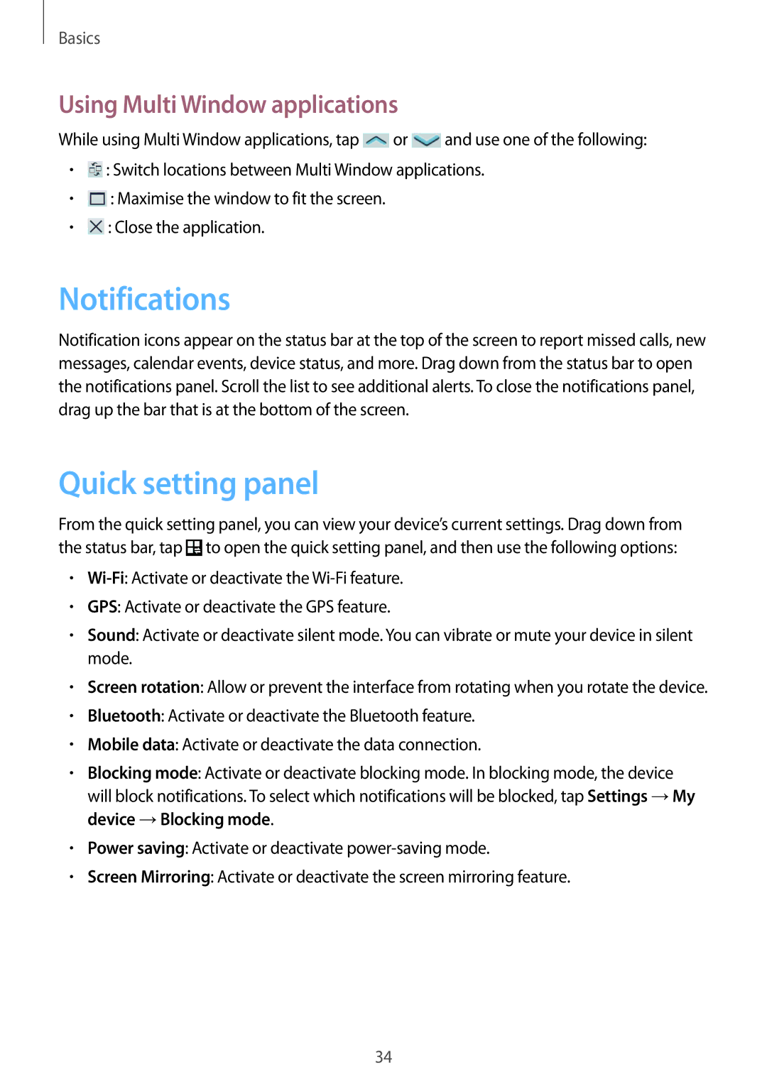 Samsung GT-I9506DKYORX, GT-I9506DKYCYV, GT-I9506DKYDTM Notifications, Quick setting panel, Using Multi Window applications 