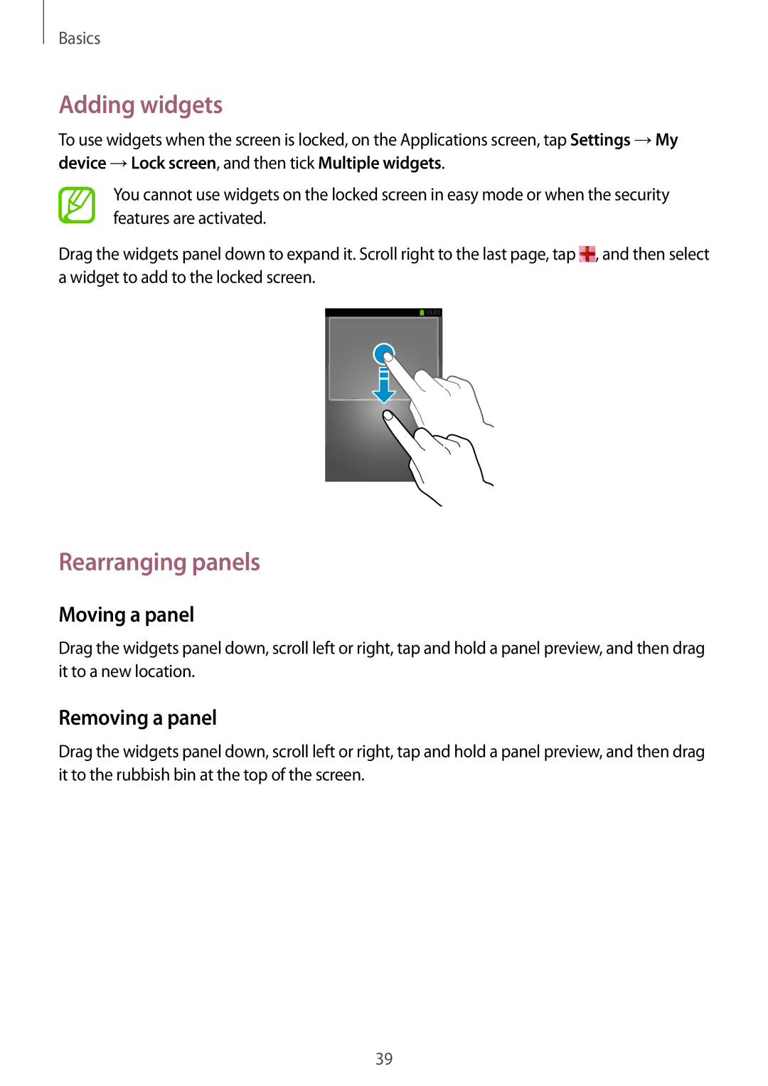 Samsung GT-I9506ZKAPAN, GT-I9506DKYCYV, GT-I9506DKYDTM, GT-I9506ZPADTM, GT-I9506ZKACYV Adding widgets, Rearranging panels 