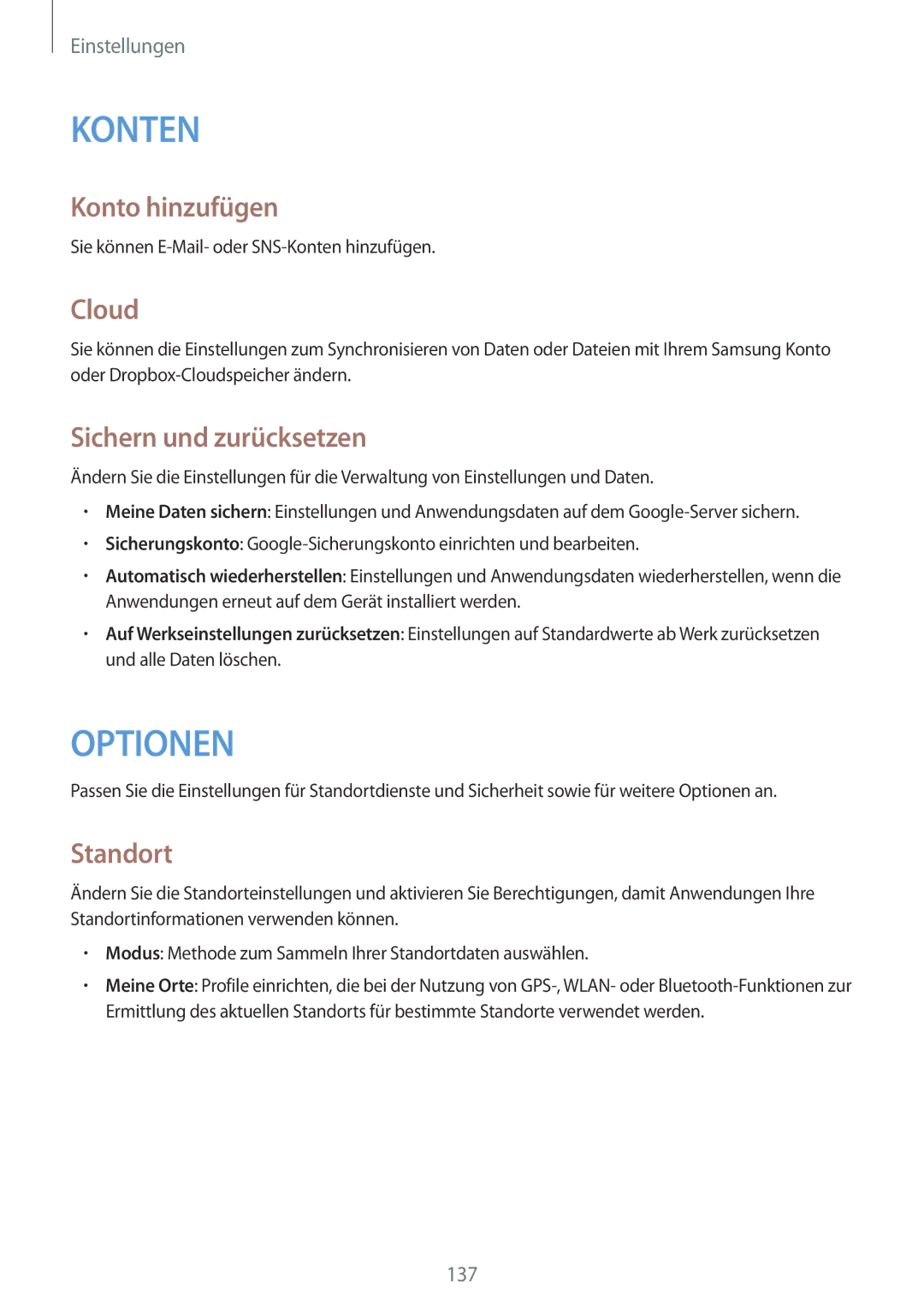 Samsung GT-I9506DKYTTR, GT-I9506DKYCYV, GT-I9506DKYDTM manual Konto hinzufügen, Cloud, Sichern und zurücksetzen, Standort 