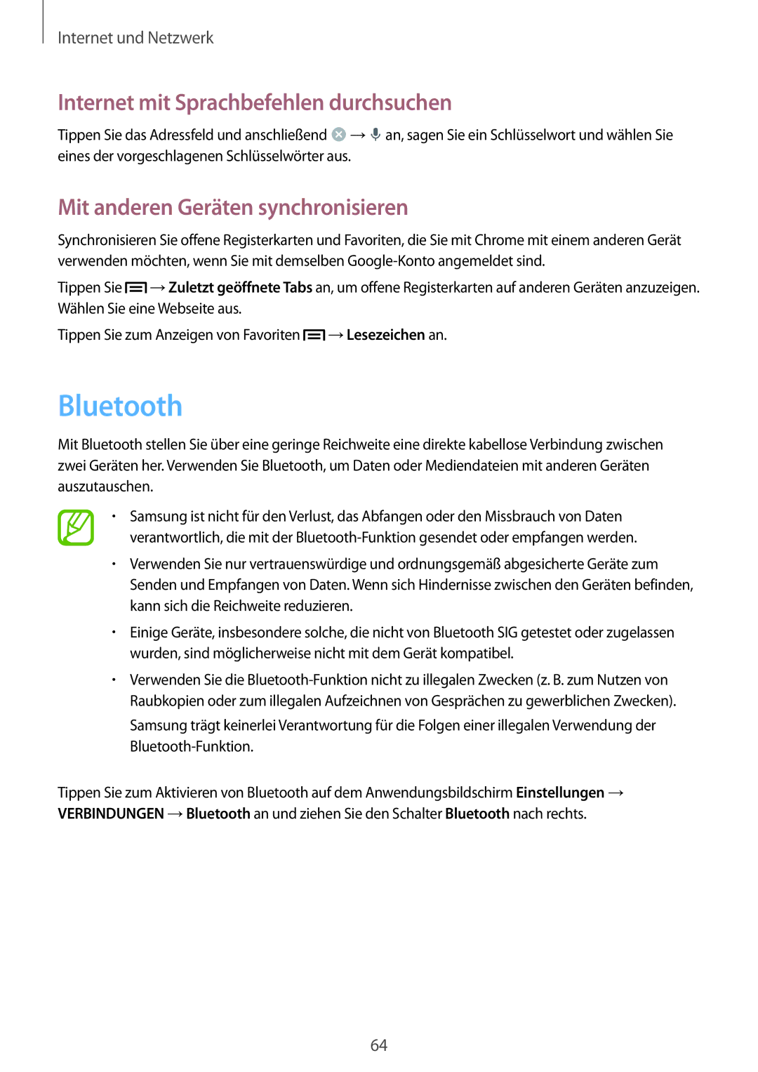 Samsung GT-I9506DKYCYV, GT-I9506DKYDTM, GT-I9506ZPADTM, GT-I9506ZKACYV manual Bluetooth, Mit anderen Geräten synchronisieren 