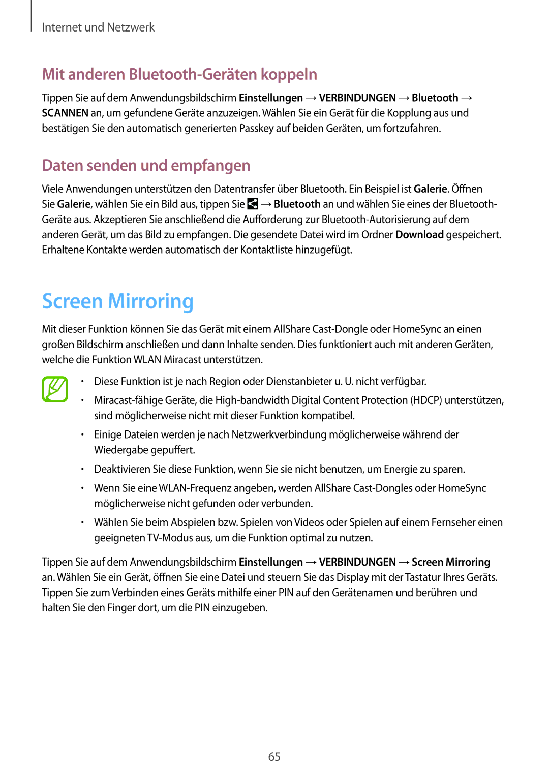 Samsung GT-I9506DKYDTM, GT-I9506DKYCYV Screen Mirroring, Mit anderen Bluetooth-Geräten koppeln, Daten senden und empfangen 