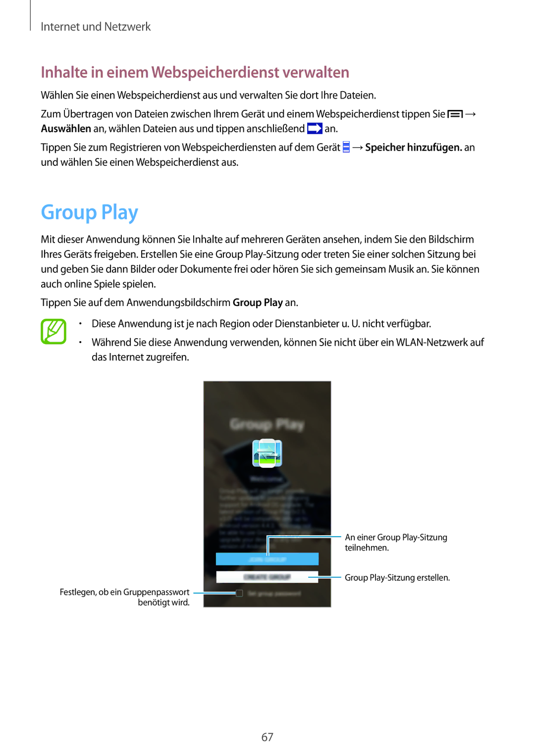 Samsung GT-I9506ZKACYV, GT-I9506DKYCYV, GT-I9506DKYDTM manual Group Play, Inhalte in einem Webspeicherdienst verwalten 