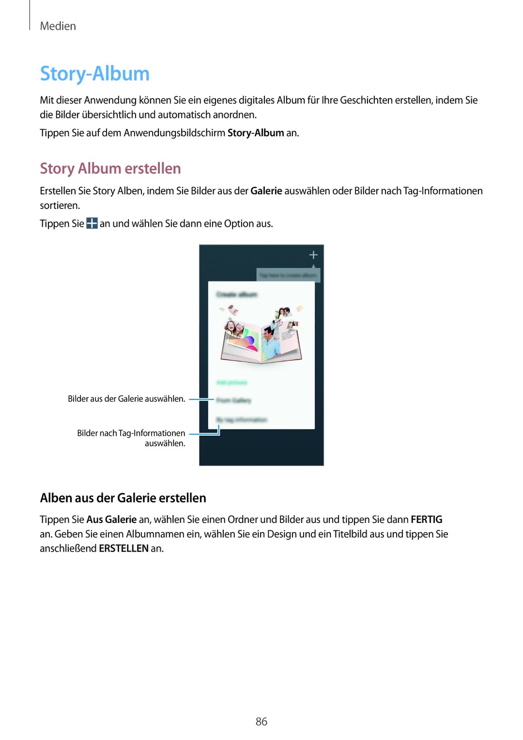 Samsung GT-I9506ZWAVGR, GT-I9506DKYCYV, GT-I9506DKYDTM Story-Album, Story Album erstellen, Alben aus der Galerie erstellen 