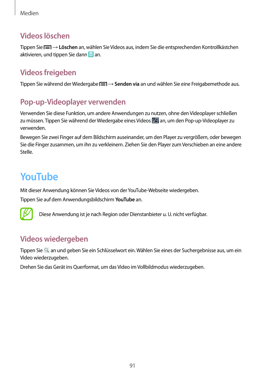 Samsung GT-I9506ZWADTM, GT-I9506DKYCYV manual YouTube, Videos löschen, Videos freigeben, Pop-up-Videoplayer verwenden 