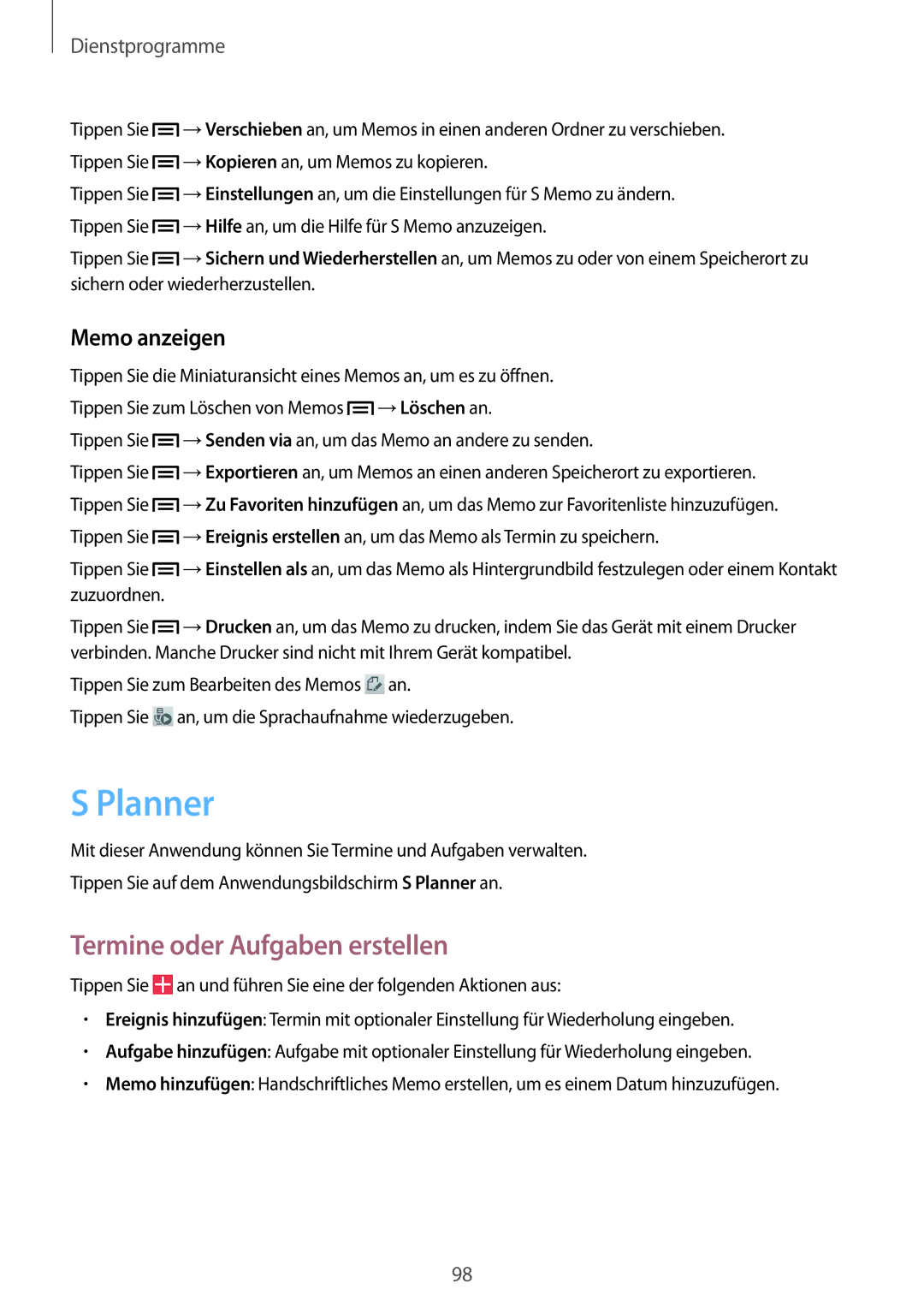 Samsung GT-I9506ZPADTM, GT-I9506DKYCYV, GT-I9506DKYDTM manual Planner, Termine oder Aufgaben erstellen, Memo anzeigen 