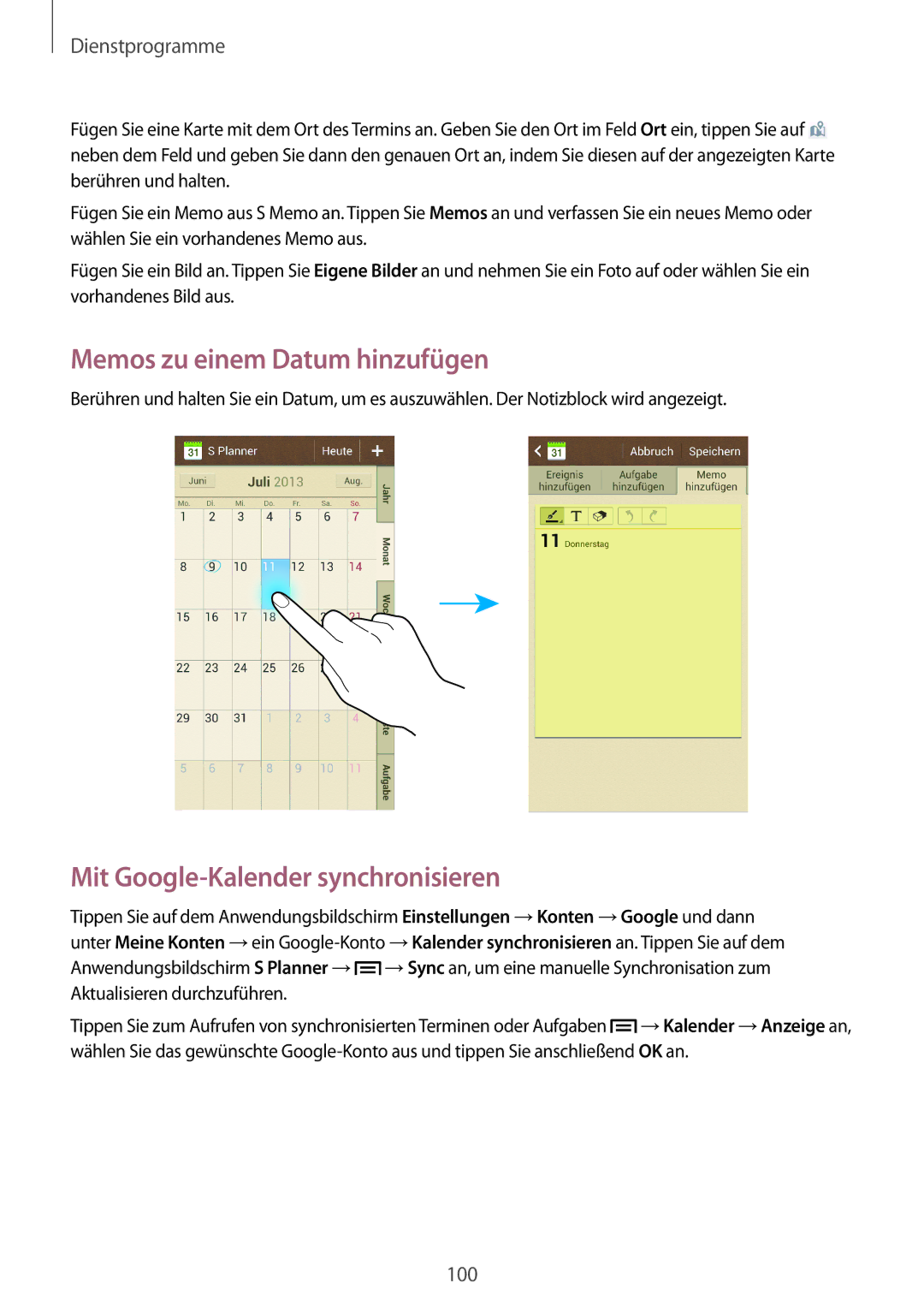 Samsung GT-I9506ZKAVD2, GT-I9506DKYCYV, GT-I9506DKYDTM Memos zu einem Datum hinzufügen, Mit Google-Kalender synchronisieren 