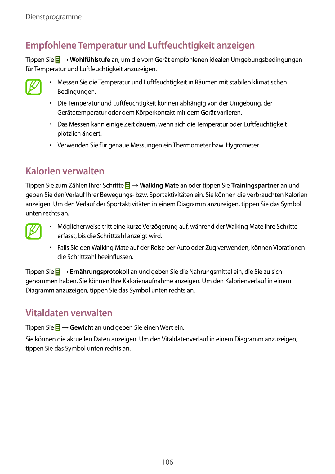 Samsung GT-I9506DKYEUR manual Empfohlene Temperatur und Luftfeuchtigkeit anzeigen, Kalorien verwalten, Vitaldaten verwalten 