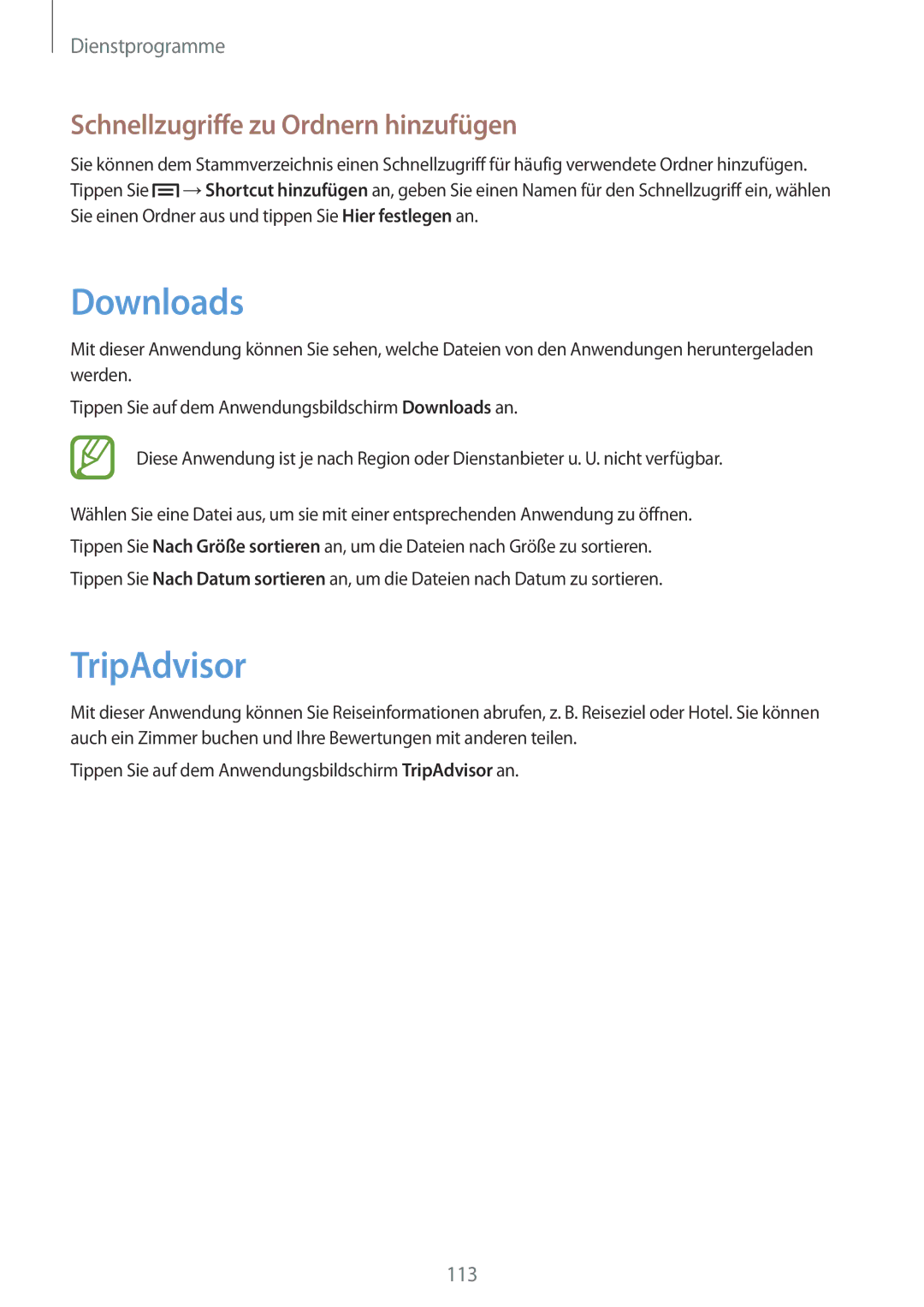 Samsung GT-I9506DKYDTM, GT-I9506DKYCYV, GT-I9506ZPADTM manual Downloads, TripAdvisor, Schnellzugriffe zu Ordnern hinzufügen 