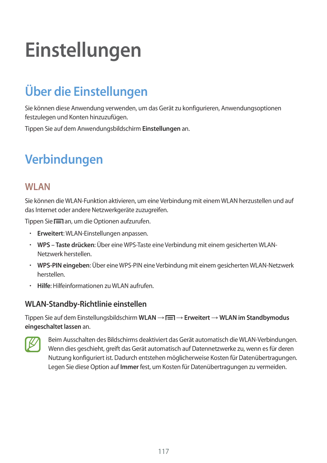Samsung GT-I9506ZWATPL, GT-I9506DKYCYV manual Über die Einstellungen, Verbindungen, WLAN-Standby-Richtlinie einstellen 