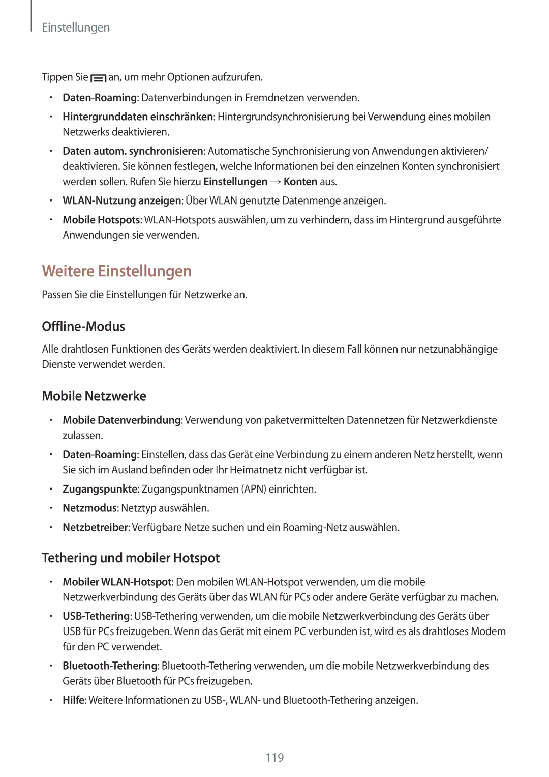 Samsung GT-I9506ZWAVD2 manual Weitere Einstellungen, Offline-Modus, Mobile Netzwerke, Tethering und mobiler Hotspot 