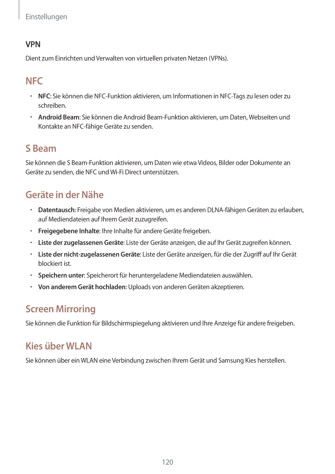 Samsung GT-I9506DKYVGR, GT-I9506DKYCYV, GT-I9506DKYDTM manual Beam, Geräte in der Nähe, Screen Mirroring, Kies über Wlan 