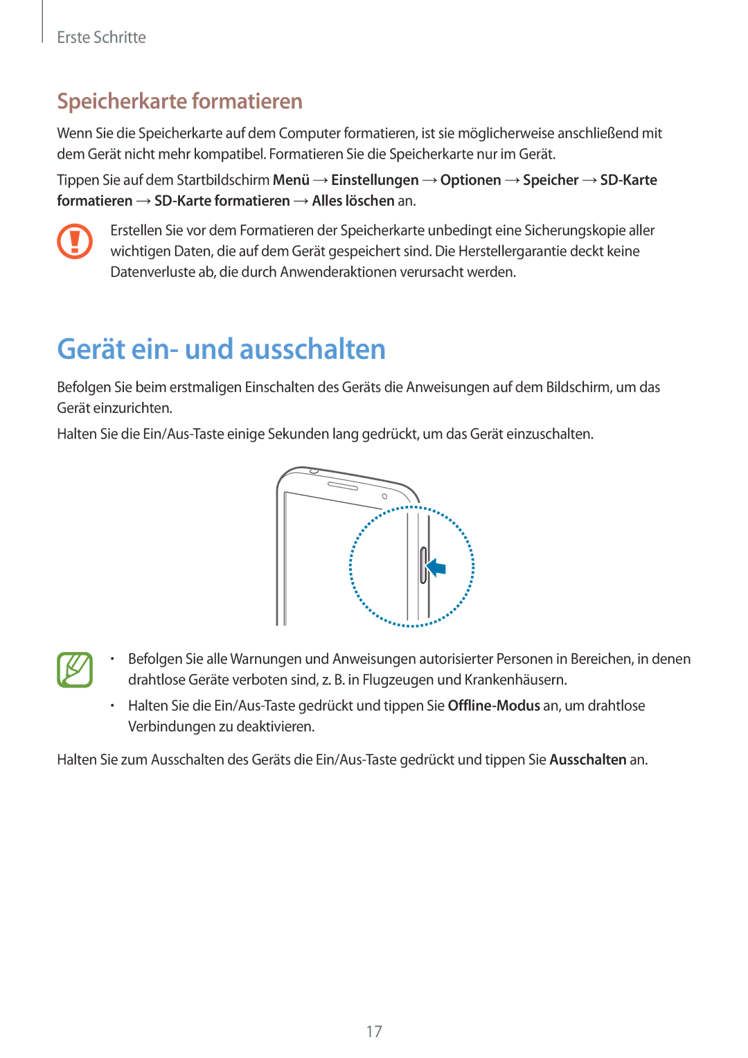 Samsung GT-I9506DKYDTM, GT-I9506DKYCYV, GT-I9506ZPADTM, GT-I9506ZKACYV Gerät ein- und ausschalten, Speicherkarte formatieren 