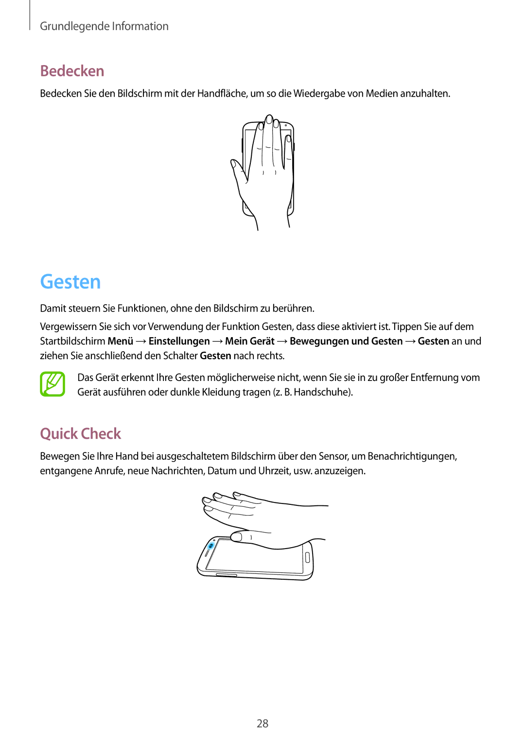 Samsung GT-I9506ZKADTM, GT-I9506DKYCYV, GT-I9506DKYDTM, GT-I9506ZPADTM, GT-I9506ZKACYV manual Gesten, Bedecken, Quick Check 