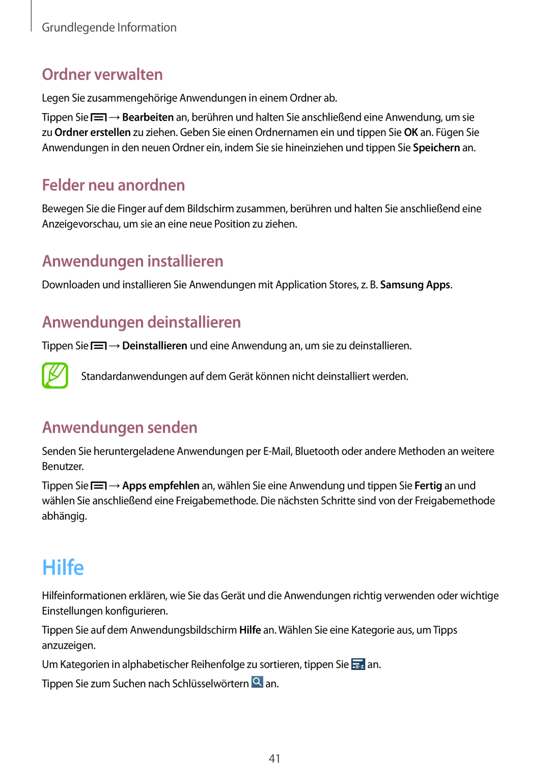 Samsung GT-I9506DKYTTR Hilfe, Ordner verwalten, Anwendungen installieren, Anwendungen deinstallieren, Anwendungen senden 
