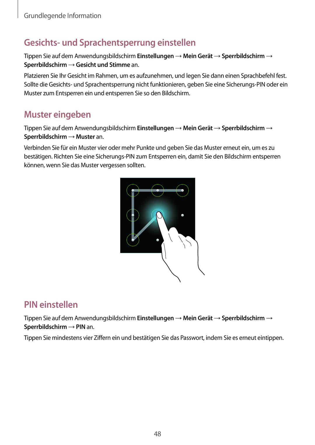 Samsung GT-I9506DKYCYV, GT-I9506DKYDTM manual Gesichts- und Sprachentsperrung einstellen, Muster eingeben, PIN einstellen 