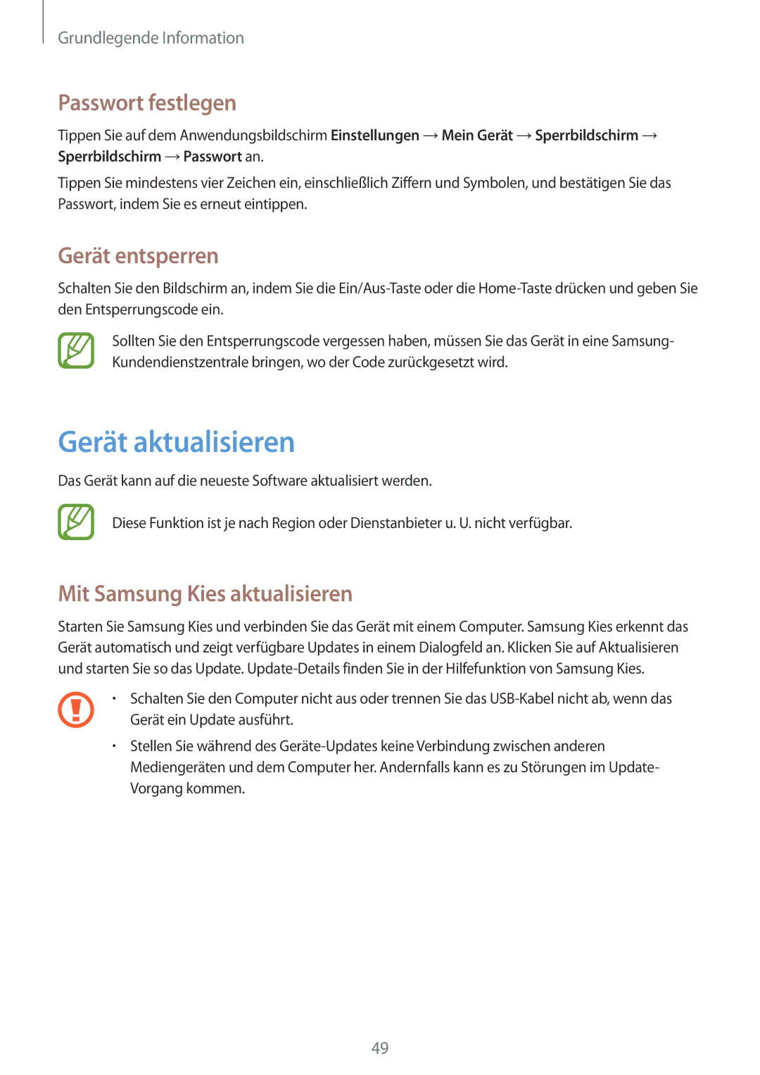 Samsung GT-I9506DKYDTM manual Gerät aktualisieren, Passwort festlegen, Gerät entsperren, Mit Samsung Kies aktualisieren 