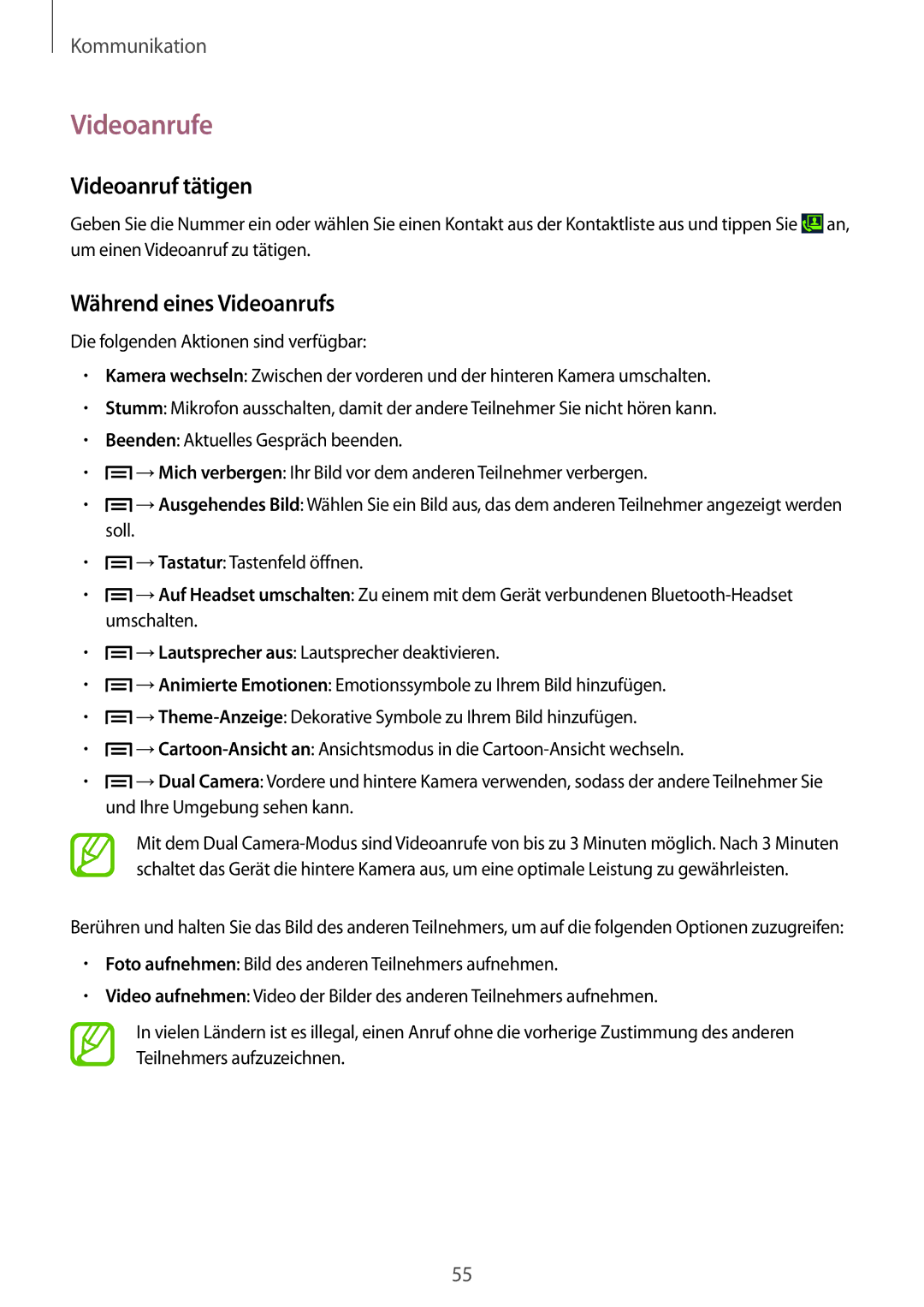 Samsung GT-I9506ZWAVD2, GT-I9506DKYCYV, GT-I9506DKYDTM manual Videoanrufe, Videoanruf tätigen, Während eines Videoanrufs 