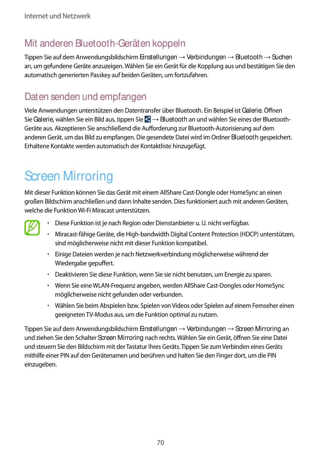 Samsung GT-I9506ZWAVGR, GT-I9506DKYCYV Screen Mirroring, Mit anderen Bluetooth-Geräten koppeln, Daten senden und empfangen 