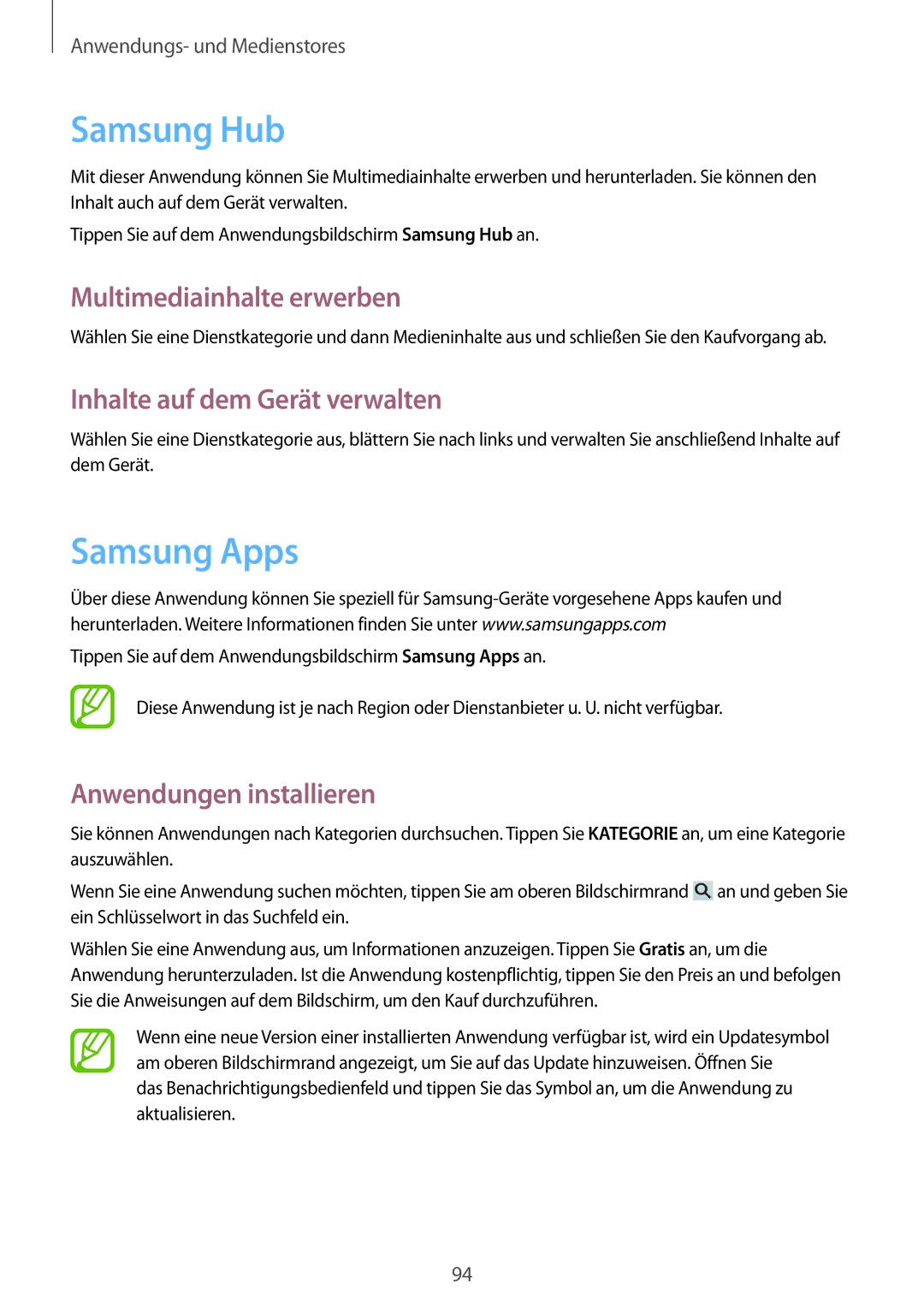 Samsung GT-I9506ZWAETL manual Samsung Hub, Samsung Apps, Multimediainhalte erwerben, Inhalte auf dem Gerät verwalten 