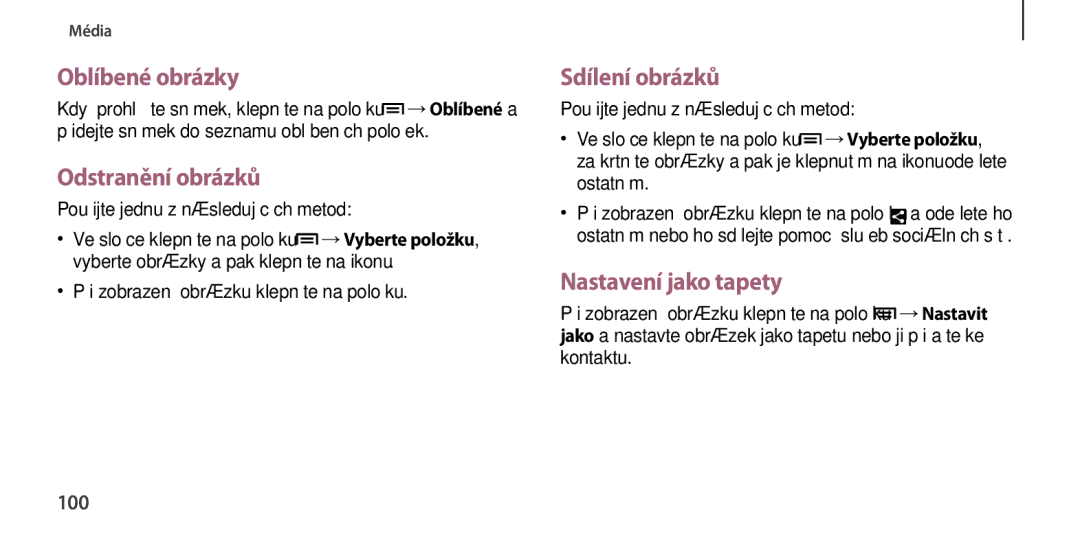 Samsung GT-I9506ZRAETL, GT-I9506DKYCYV Oblíbené obrázky, Odstranění obrázků, Sdílení obrázků, Nastavení jako tapety, 100 