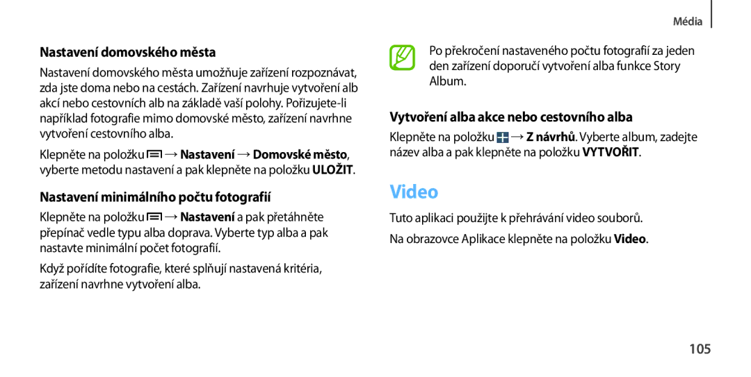 Samsung GT-I9506ZKACYV, GT-I9506DKYCYV manual Video, Nastavení domovského města, Nastavení minimálního počtu fotografií, 105 