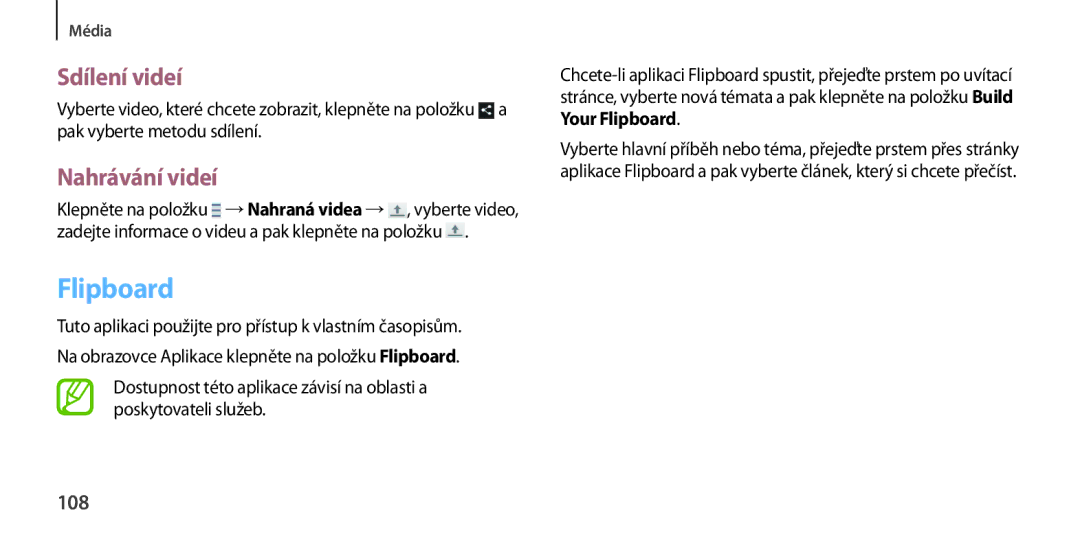 Samsung GT-I9506DKYVGR, GT-I9506DKYCYV, GT-I9506ZKACYV, GT-I9506ZWATPL, GT-I9506ZWAVGR manual Flipboard, Nahrávání videí, 108 