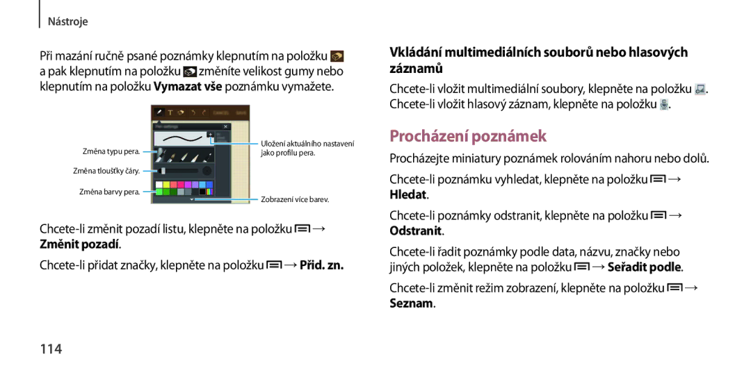 Samsung GT2I9506ZRAETL, GT-I9506DKYCYV Procházení poznámek, Vkládání multimediálních souborů nebo hlasových záznamů, 114 
