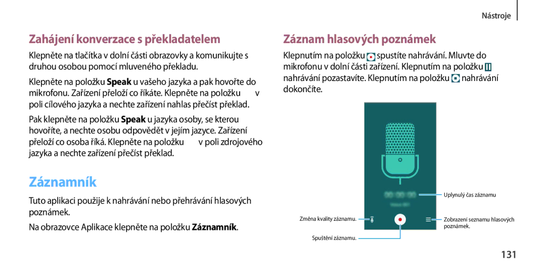 Samsung GT-I9506ZKACYV, GT-I9506DKYCYV manual Záznamník, Zahájení konverzace s překladatelem, Záznam hlasových poznámek, 131 