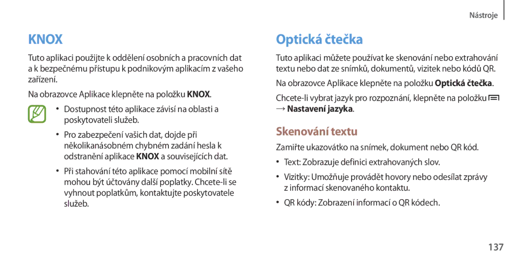 Samsung GT-I9506ZSATPL Optická čtečka, Skenování textu, 137, → Nastavení jazyka, QR kódy Zobrazení informací o QR kódech 