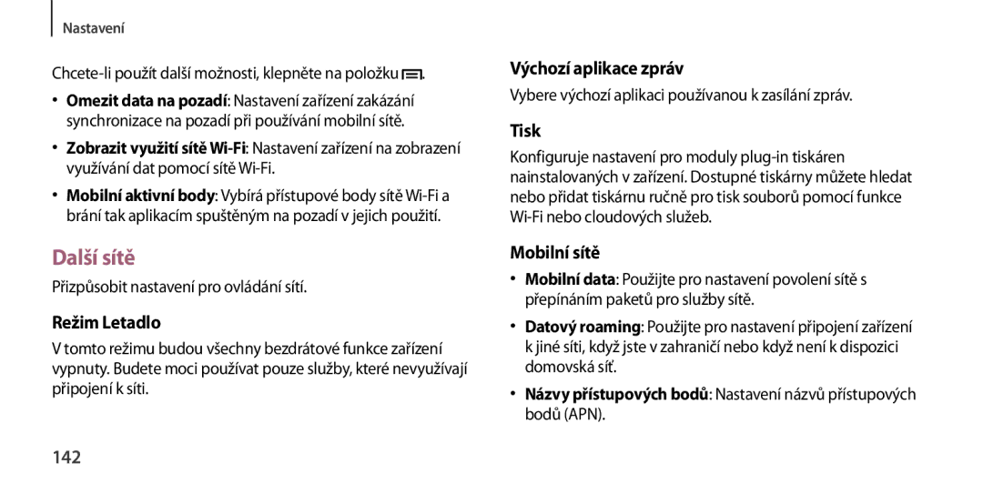 Samsung GT2I9506ZWAORX, GT-I9506DKYCYV, GT-I9506ZKACYV, GT-I9506ZWATPL, GT-I9506ZWAVGR, GT-I9506DKYVGR manual Další sítě, 142 