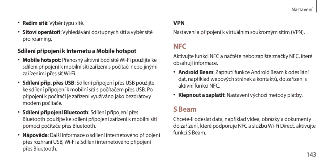 Samsung GT2I9506ZWAETL, GT-I9506DKYCYV, GT-I9506ZKACYV manual Beam, Sdílení připojení k Internetu a Mobile hotspot, 143 