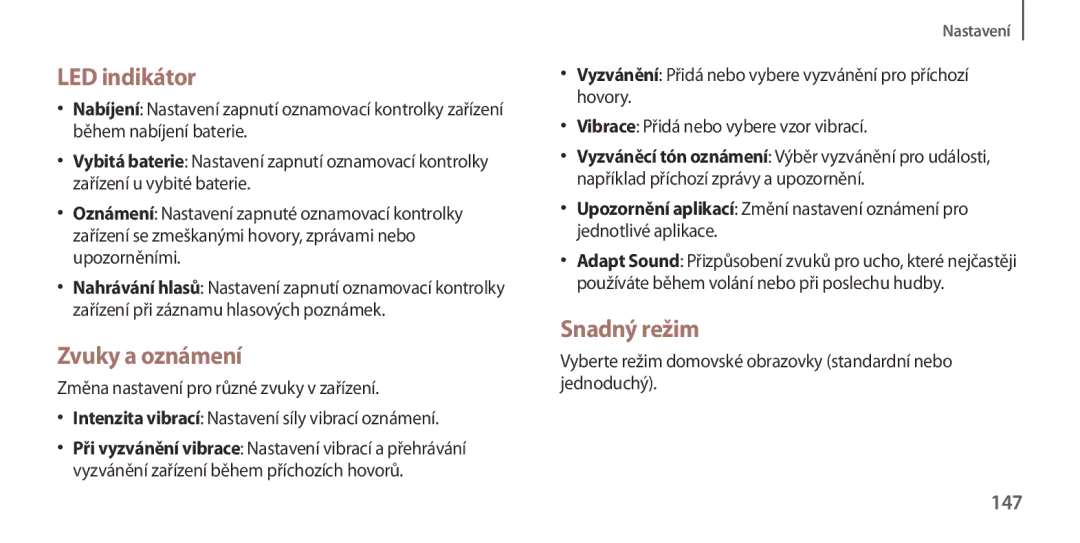 Samsung GT-I9506DKYCOS, GT-I9506DKYCYV, GT-I9506ZKACYV, GT-I9506ZWATPL LED indikátor, Zvuky a oznámení, Snadný režim, 147 