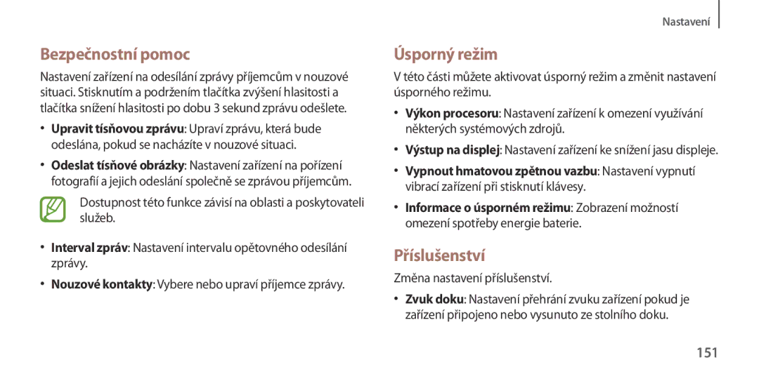 Samsung GT-I9506ZKAVDC manual Bezpečnostní pomoc, Úsporný režim, Příslušenství, 151, Změna nastavení příslušenství 