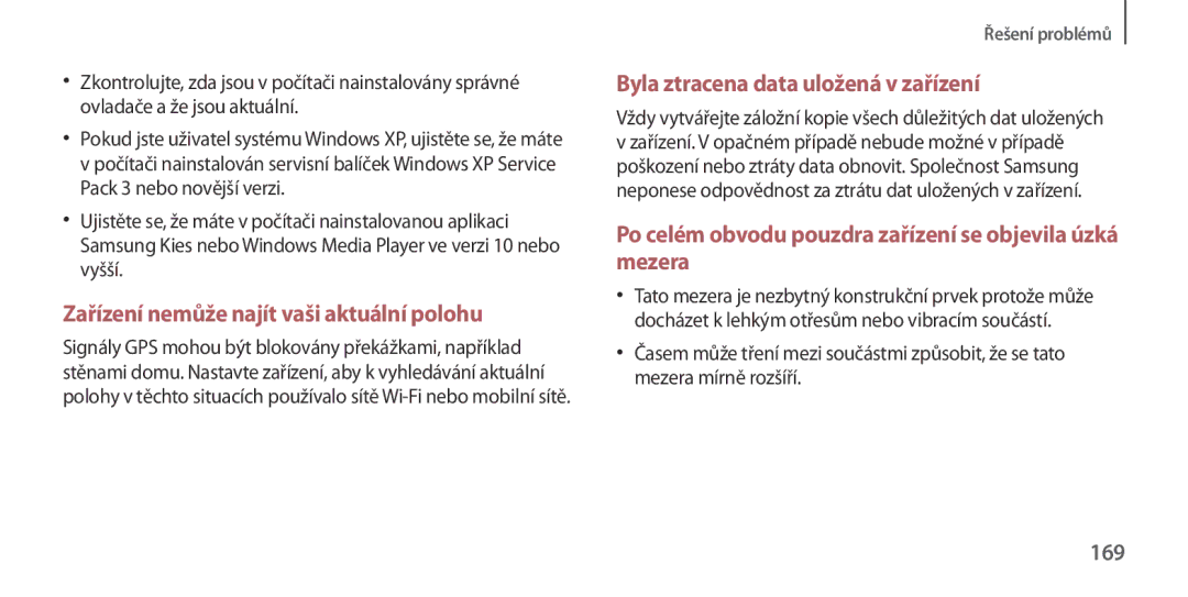 Samsung GT2I9506ZWAETL, GT-I9506DKYCYV, GT-I9506ZKACYV, GT-I9506ZWATPL manual Zařízení nemůže najít vaši aktuální polohu, 169 